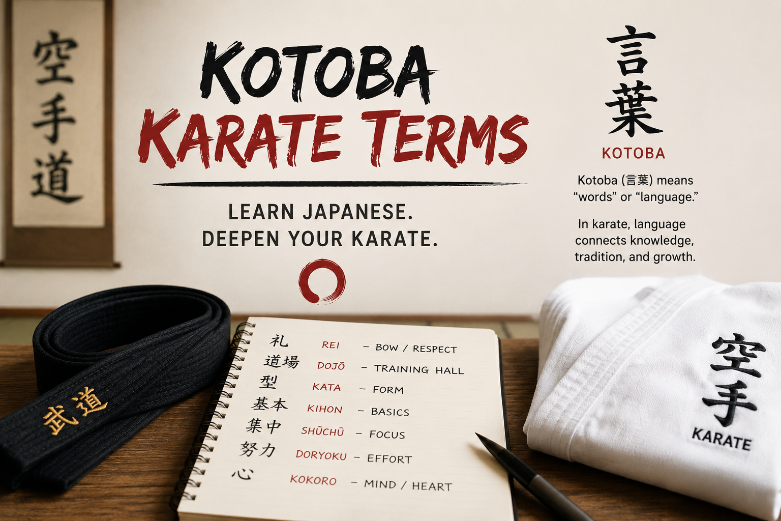 Karate study scene — black belt, white gi, and a notebook listing romaji terms (rei, dojō, kata, kihon, shūchū, doryoku, kokoro) with English meanings, framed by kanji calligraphy of 空手道 and 言葉 (kotoba)
